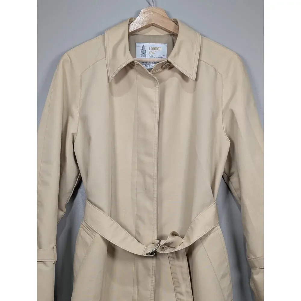 London Fog Trench Coat Womens 12 Petite Beige Tan Belted Long Rain Jacket...